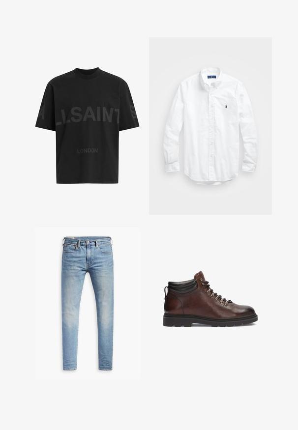 T-shirt nero oversize con il testo grigio scuro "ALLSAINTS" sul petto e "LONDON" in lettere più piccole sottostante.; Camicia bianca a maniche lunghe con bottoni in cotone. Presenta un colletto classico, polsini a bottone e un piccolo logo ricamato in blu navy sul petto.; Jeans slim fit blu chiaro con leggere sfumature sulle cosce, chiusura con bottone anteriore, passanti per cintura e cinque tasche su uno sfondo bianco.; Scarponcini da trekking in pelle marrone con finitura strutturata, occhielli in argento e colletto alla caviglia nero. Suola in gomma con un motivo di battistrada robusto.