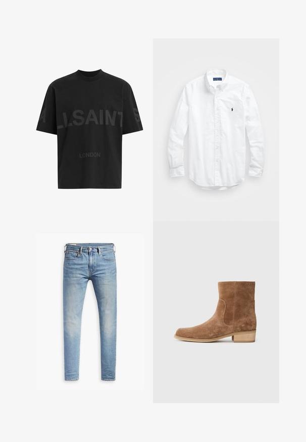 Schwarzes, übergroßes T-Shirt mit dunkelgrauem "ALLSAINTS"-Schriftzug über der Brust und "LONDON" in kleineren Buchstaben darunter.; Weißes Langarm-Hemd aus Baumwolle mit Knopfleiste. Es zeichnet sich durch einen klassischen Kragen, Knopfmanschetten und ein kleines, navyblaues gesticktes Logo auf der Brust aus.; Hellblaue Slim-Fit-Jeans mit leichtem Verblassen an den Oberschenkeln, vorderem Knopfverschluss, Gürtelschlaufen und Fünf-Taschen-Stil auf einem weißen Hintergrund.; Braune Wildleder-Ankle-Boots mit leicht abgerundeter Zehenpartie, niedrigem, gestapeltem Holzabsatz, elastischen seitlichen Einsätzen und glatten Nähten entlang der Säume.