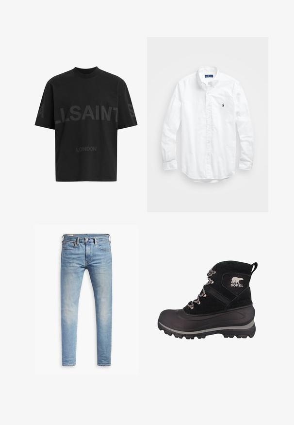 Čierne pánske oversized tričko s tmavosivým textom "ALLSAINTS" cez hruď a menšími písmenami "LONDON" pod ním.; Biele dlhé rukávy košele so zapínaním na gombíky z bavlny. Má klasický golier, gombíkové manžety a malú tmavomodrú vyšitú logo na hrudi.; Svetlo modré úzke džínsy s miernym prehrdzavením na stehnách, predným gombíkovým zapínaním, pútkami na opasok a štýlom s piatimi vreckami na bielom pozadí.; Čierna zimná čižma s textúrovaným zvrškom z semišu, gumovou podrážkou, kovovými detailmi a logom. Obsahuje vysoký golier a pevný šnurovací systém.