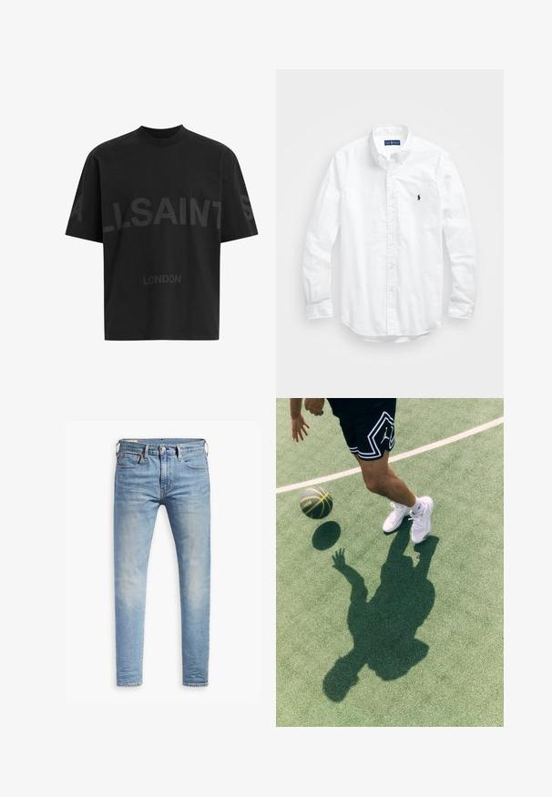 Schwarzes Baumwoll-T-Shirt mit lockerem Schnitt, vorne mit großem tonalem "ALLSAINTS"-Design und dem Schriftzug "LONDON". Kurzärmlig, rundhals.; Weißes Langarm-Hemd aus Baumwolle mit Knopfleiste. Es zeichnet sich durch einen klassischen Kragen, Knopfmanschetten und ein kleines, navyblaues gesticktes Logo auf der Brust aus.; Hellblaue Slim-Fit-Jeans mit leichtem Verblassen an den Oberschenkeln, vorderem Knopfverschluss, Gürtelschlaufen und Fünf-Taschen-Stil auf einem weißen Hintergrund.; Schwarze Sportshorts mit weißen Akzenten und einem Logo, weiße Sneakers und ein Basketball in der Luft auf einem grünen Platz, mit einem sichtbaren Schatten.
