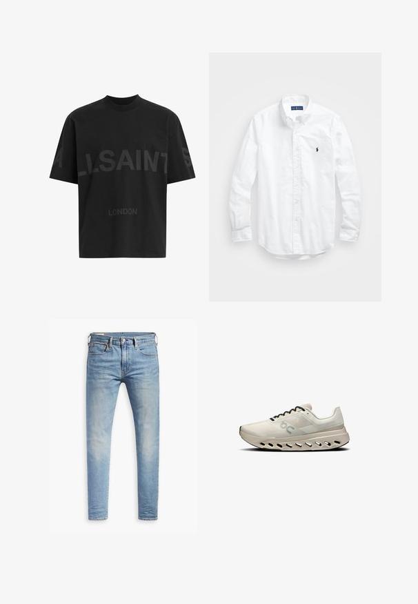 T-shirt noir surdimensionné avec le texte "ALLSAINTS" en gris foncé sur la poitrine et "LONDON" en lettres plus petites en dessous.; Chemise blanche à manches longues en coton. Dotée d'un col classique, de poignets à boutons et d'un petit logo brodé bleu marine sur la poitrine.; Jean slim bleu clair avec un léger délavage sur les cuisses, fermeture à bouton à l'avant, passants de ceinture et style à cinq poches sur fond blanc.; Baskets de course blanches avec un dessus en mesh, lacets noirs et une semelle rembourrée comportant des sections découpées. Les accents comprennent un logo subtil sur le côté.