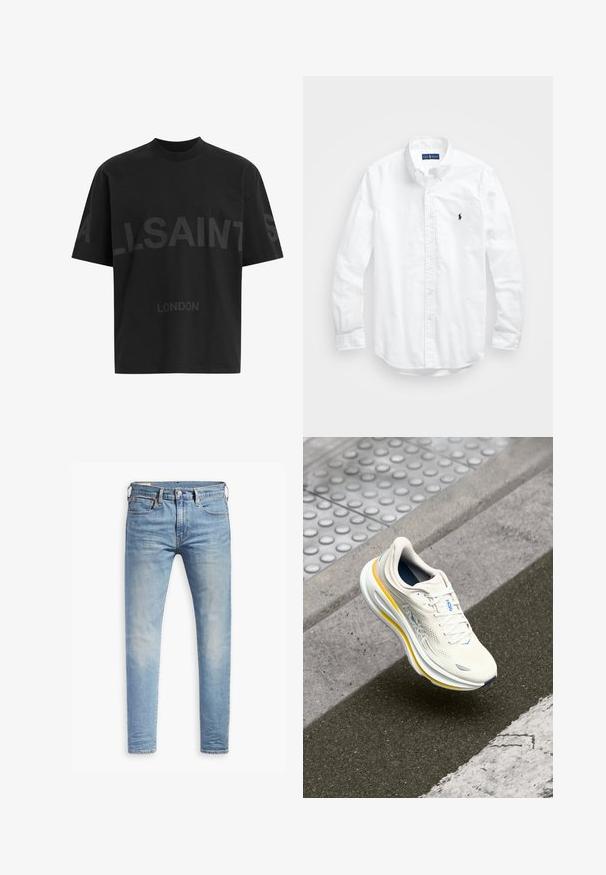 Čierne pánske oversized tričko s tmavosivým textom "ALLSAINTS" cez hruď a menšími písmenami "LONDON" pod ním.; Biele dlhé rukávy košele so zapínaním na gombíky z bavlny. Má klasický golier, gombíkové manžety a malú tmavomodrú vyšitú logo na hrudi.; Svetlo modré úzke džínsy s miernym prehrdzavením na stehnách, predným gombíkovým zapínaním, pútkami na opasok a štýlom s piatimi vreckami na bielom pozadí.; Biele a žlté tenisky HOKA levitujúce nad textúrovaným chodníkom a obrubníkom cesty pri priechode pre chodcov.