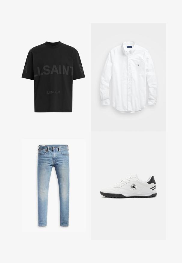 T-shirt oversized preta com texto em cinza escuro "ALLSAINTS" ao longo do peito e "LONDRES" em letras menores abaixo.; Camisa de botões de manga longa branca em algodão. Apresenta um colarinho clássico, punhos com botão e um pequeno logótipo bordado em azul-marinho no peito.; Jeans slim fit em azul claro com leve desbotamento nas coxas, fecho frontal por botão, passantes para cinto e estilo de cinco bolsos sobre um fundo branco.; Ténis atléticos brancos com um cabedal de couro liso, detalhes em preto, sola texturizada e um logótipo redondo na lateral. Apresenta um sistema de atilhos estreito.
