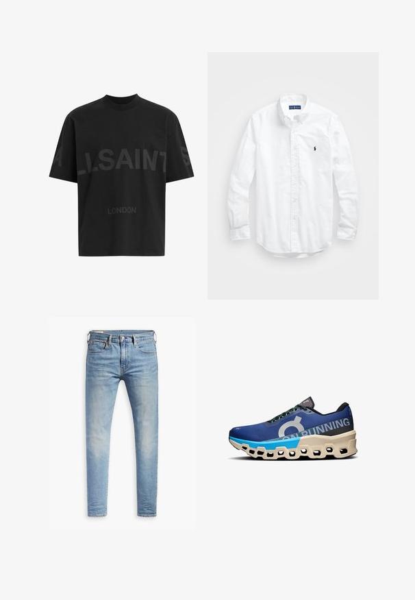 Schwarzes, übergroßes T-Shirt mit dunkelgrauem "ALLSAINTS"-Schriftzug über der Brust und "LONDON" in kleineren Buchstaben darunter.; Weißes Langarm-Hemd aus Baumwolle mit Knopfleiste. Es zeichnet sich durch einen klassischen Kragen, Knopfmanschetten und ein kleines, navyblaues gesticktes Logo auf der Brust aus.; Hellblaue Slim-Fit-Jeans mit leichtem Verblassen an den Oberschenkeln, vorderem Knopfverschluss, Gürtelschlaufen und Fünf-Taschen-Stil auf einem weißen Hintergrund.; Laufschuh mit einem blauen Mesh-Obermaterial, schwarzen Akzenten, großem Logo und einer auffälligen cremefarbenen Sohle mit sechseckigen Ausschnitten.