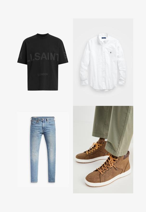 Črna bombažna majica z ohlapnim krojem, z velikim tonalnim napisom "ALLSAINTS" in besedo "LONDON" na sprednji strani. Kratki rokavi, okrogel izrez.; Bela dolg rokav srajca s gumbi iz bombaža. Ima klasičen ovratnik, gumbnice na zapestjih in majhen temno moder vezen logotip na prsih.; Svetlo modri oprijeti džins s blagim bledenjem na stegnenicah, sprednji gumbasti zapenjač, zanke za pas in pet žepov na belem ozadju.; Rjavni visoki tenisi rjave barve, izdelani iz teksturiranega materiala, s pomarančnimi vezalkami, belim podplatom in rjavimi usnjenimi detajli. Nosi se z zelenimi hlačami.