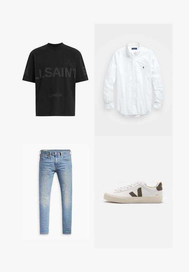 T-shirt oversized preta com texto em cinza escuro "ALLSAINTS" ao longo do peito e "LONDRES" em letras menores abaixo.; Camisa de botões de manga longa branca em algodão. Apresenta um colarinho clássico, punhos com botão e um pequeno logótipo bordado em azul-marinho no peito.; Jeans slim fit em azul claro com leve desbotamento nas coxas, fecho frontal por botão, passantes para cinto e estilo de cinco bolsos sobre um fundo branco.; Ténis brancos de pele com uma sola de borracha bege clara. Apresenta um logo em V em camurça castanha e uma aba no calcanhar. Fecho com atacadores e uma superfície texturizada.