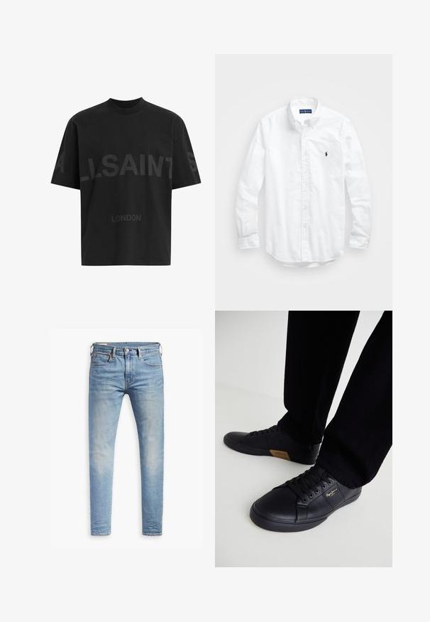 T-shirt oversized preta com texto em cinza escuro "ALLSAINTS" ao longo do peito e "LONDRES" em letras menores abaixo.; Camisa de botões de manga longa branca em algodão. Apresenta um colarinho clássico, punhos com botão e um pequeno logótipo bordado em azul-marinho no peito.; Jeans slim fit em azul claro com leve desbotamento nas coxas, fecho frontal por botão, passantes para cinto e estilo de cinco bolsos sobre um fundo branco.; Sapatilhas de pele pretas com um design elegante, apresentando uma superfície texturizada, biqueira arredondada e atacadores pretos. Detalhe do logótipo dourado na lateral.
