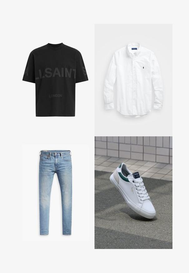 Svart oversized T-skjorte med mørkegrå "ALLSAINTS" tekst over brystet og "LONDON" i mindre bokstaver under.; Hvit langermet skjorte i bomull med knapper. Har en klassisk krage, knappe mansjetter og en liten marineblå brodert logo på brystet.; Lyseblå slim-fit jeans med svak falming på lårene, frontknappelukking, beltehemper, og fem-lomme design på hvit bakgrunn.; Hvit lær sneakers med grønne og beige detaljer, med en teksturert såle, rund tå og tradisjonell snøring.