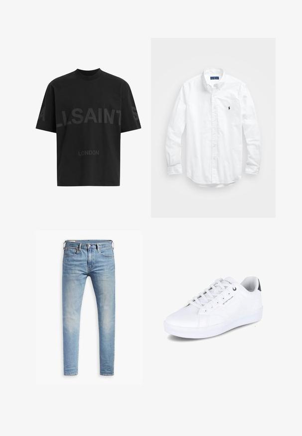 T-shirt nero oversize con il testo grigio scuro "ALLSAINTS" sul petto e "LONDON" in lettere più piccole sottostante.; Camicia bianca a maniche lunghe con bottoni in cotone. Presenta un colletto classico, polsini a bottone e un piccolo logo ricamato in blu navy sul petto.; Jeans slim fit blu chiaro con leggere sfumature sulle cosce, chiusura con bottone anteriore, passanti per cintura e cinque tasche su uno sfondo bianco.; Sneaker bianco, materiale sintetico liscio, design basso, punta tonda, sei fori per i lacci, dettaglio del logo laterale, accento scuro in contrasto sul tallone.
