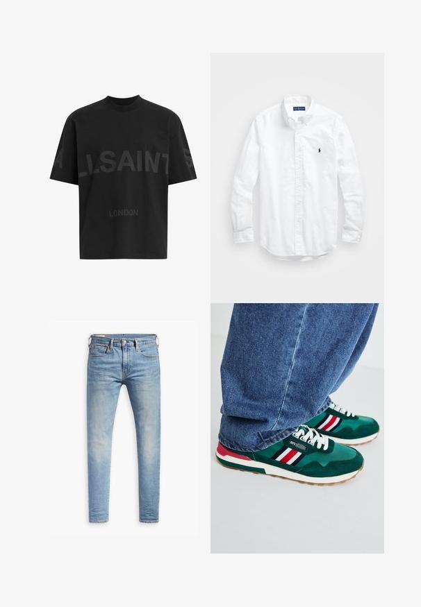 T-shirt oversized preta com texto em cinza escuro "ALLSAINTS" ao longo do peito e "LONDRES" em letras menores abaixo.; Camisa de botões de manga longa branca em algodão. Apresenta um colarinho clássico, punhos com botão e um pequeno logótipo bordado em azul-marinho no peito.; Jeans slim fit em azul claro com leve desbotamento nas coxas, fecho frontal por botão, passantes para cinto e estilo de cinco bolsos sobre um fundo branco.; Tênis de atletismo verdes com cadarços brancos, materiais em camurça e tecido, apresentando riscas vermelhas, brancas e pretas, e solas de borracha.