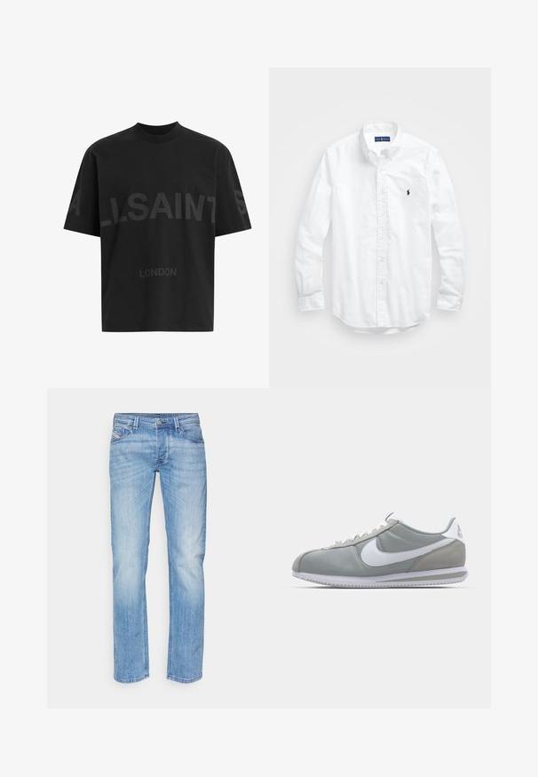 T-shirt oversized preta com texto em cinza escuro "ALLSAINTS" ao longo do peito e "LONDRES" em letras menores abaixo.; Camisa de botões de manga longa branca em algodão. Apresenta um colarinho clássico, punhos com botão e um pequeno logótipo bordado em azul-marinho no peito.; Jeans de ganga de azul claro com corte reto, apresentando cinco bolsos e fecho frontal com botão. A textura desbotada realça a profundidade visual.; Sapatilha atlética cinza com um cabedal em camurça e têxtil, símbolo Nike branco e atacadores brancos. Apresenta uma sola de borracha texturizada e colarinho acolchoado.