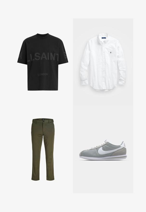 Juodas per didelis marškinėliai su tamsiai pilku „ALLSAINTS“ tekstu krūtinėje ir „LONDON“ mažesnėmis raidėmis žemiau.; Balta ilga rankovė mygtukų marškiniai iš medvilnės. Pasižymi klasikinėmis apykaklėmis, mygtukų rankogaliais ir mažuoju tamsiai mėlynu siuviniu su logotipu ant krūtinės.; Alyvuogių spalvos kelnės, pagamintos iš lygaus audinio; turi mygtuko užsegimą, diržo kilpas ir tiesius pasaitus su tvarkingu apdaila.; Pilkas sportinis batelis su zomšiniais ir tekstiliniais viršutiniais paviršiais, baltas Nike swoosh ženklas ir baltos raišteliai. Yra tekstūruotas gumos padas ir paminkštinta apykaklė.