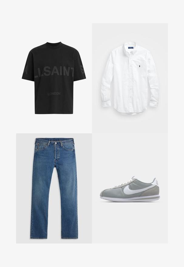 T-shirt de algodão preta com corte descontraído, apresentando um grande design tonal "ALLSAINTS" e o texto "LONDON" na parte da frente. Mangas curtas, gola redonda.; Camisa de botões de manga longa branca em algodão. Apresenta um colarinho clássico, punhos com botão e um pequeno logótipo bordado em azul-marinho no peito.; Jeans de denim retos azuis com cinco bolsos, passadores para cinto e fecho frontal com botão e zipper, sobre um fundo liso.; Sapatilha atlética cinza com um cabedal em camurça e têxtil, símbolo Nike branco e atacadores brancos. Apresenta uma sola de borracha texturizada e colarinho acolchoado.