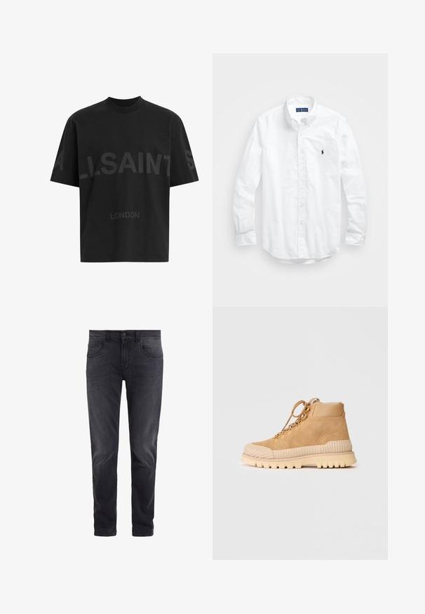 Camiseta negra de gran tamaño con el texto en gris oscuro "ALLSAINTS" en el pecho y "LONDON" en letras más pequeñas debajo.; Camisa blanca de manga larga de algodón con botones. Presenta un cuello clásico, puños con botones y un pequeño logo bordado en azul marino en el pecho.; Jeans de mezclilla negra con un corte ajustado, diseño de cinco bolsillos, cierre de botón y un sutil desgastado. Textura suave con un aspecto clásico.; Zapatillas altas de ante en tono beige con suela de goma estriada, punta redonda y ojales de metal para los cordones; cuenta con un interior forrado de felpa.