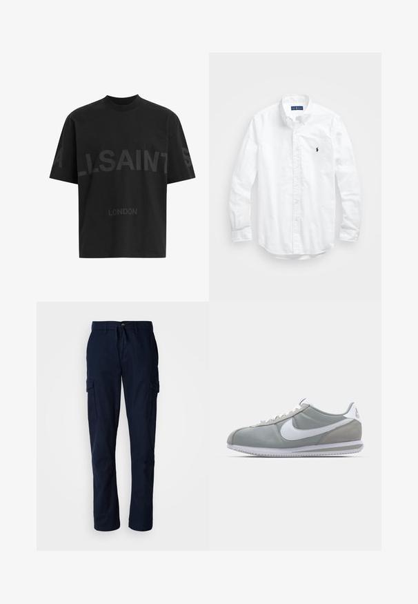 Cămășă oversized neagră cu text de culoare gri închis "ALLSAINTS" pe piept și "LONDON" în litere mai mici dedesubt.; Cămașă albă cu mânecă lungă și nasturi din bumbac. Are un guler clasic, manșete cu nasturi și un mic logo brodat în navy pe piept.; Pantaloni cargo de culoare albastru închis, confecționați dintr-un material durabil, având două buzunare laterale și un brâu cu șnur pentru un fit ajustabil.; Pantofii sport gri au un superior din suede și textil, cu simbolul Nike alb și șireturi albe. Dispun de o talpă din cauciuc texturat și un guler căptușit.