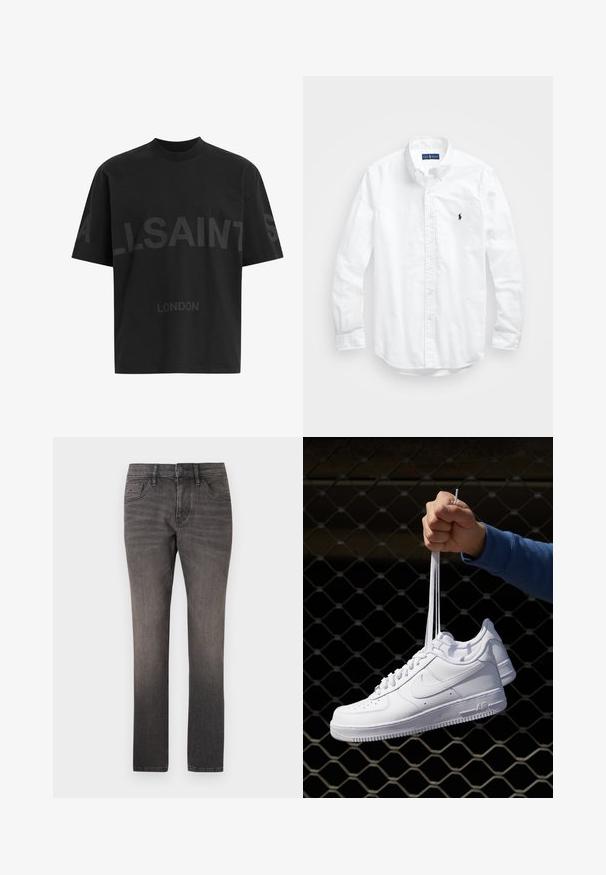 T-shirt oversized preta com texto em cinza escuro "ALLSAINTS" ao longo do peito e "LONDRES" em letras menores abaixo.; Camisa de botões de manga longa branca em algodão. Apresenta um colarinho clássico, punhos com botão e um pequeno logótipo bordado em azul-marinho no peito.; TOM TAILOR JOSH - Calças de ganga de perna direita - used dark stone black denim; Sapatilhas de couro branco com perfurações, biqueira redonda, sola plana e atacadores grossos, apresentando um logotipo swoosh visível e "AIR" no calcanhar.