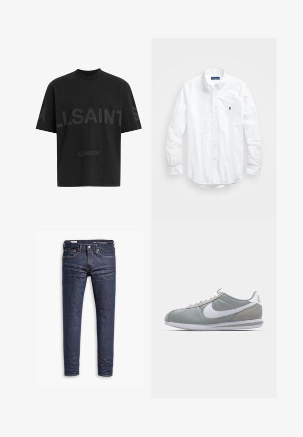 Camiseta negra de gran tamaño con el texto en gris oscuro "ALLSAINTS" en el pecho y "LONDON" en letras más pequeñas debajo.; Camisa blanca de manga larga de algodón con botones. Presenta un cuello clásico, puños con botones y un pequeño logo bordado en azul marino en el pecho.; Jeans de mezclilla azul oscuro con corte ajustado. Las características incluyen una bragueta de cremallera, cinco bolsillos y costuras en contraste a lo largo de las costuras.; Zapatilla deportiva gris con parte superior de ante y textil, swoosh blanco de Nike y cordones blancos. Presenta una suela de goma texturizada y un collar acolchado.