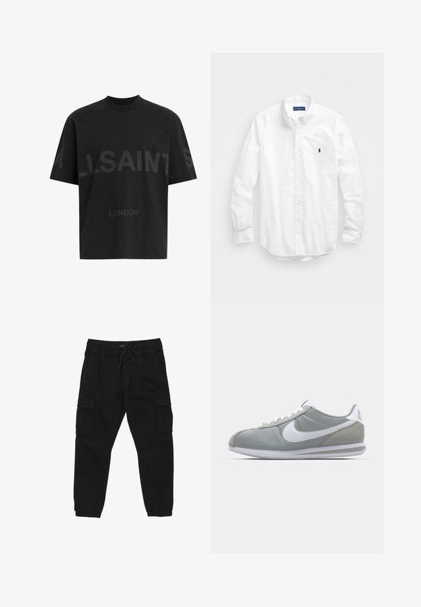 Schwarzes, übergroßes T-Shirt mit dunkelgrauem "ALLSAINTS"-Schriftzug über der Brust und "LONDON" in kleineren Buchstaben darunter.; Weißes Langarm-Hemd aus Baumwolle mit Knopfleiste. Es zeichnet sich durch einen klassischen Kragen, Knopfmanschetten und ein kleines, navyblaues gesticktes Logo auf der Brust aus.; Schwarze Cargo-Hosen mit elastischem Bund und Knöchelabschlüssen, Kordelzugverschluss, seitlichen Klappentaschen und vorderen Eingrifftaschen.; Graue Sportausstattung mit einem Obermaterial aus Wildleder und Textil, weißem Nike-Swoosh und weißen Schnürsenkeln. Verfügt über eine strukturierte Gummisohle und einen gepolsterten Kragen.