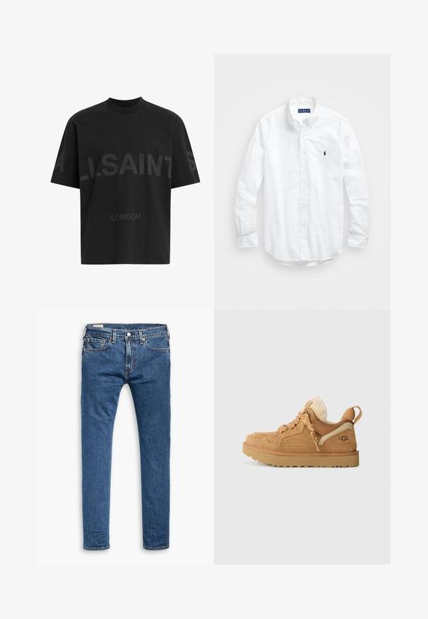 Svart oversized T-skjorte med mørkegrå "ALLSAINTS" tekst over brystet og "LONDON" i mindre bokstaver under.; Hvit langermet skjorte i bomull med knapper. Har en klassisk krage, knappe mansjetter og en liten marineblå brodert logo på brystet.; Blå denim slim-fit jeans med fem lommer, frontknapp og beltesløyfer, vist flatt på en hvit bakgrunn.; Tan semskinn sneakers med gummisåle, med kontrasterende kremfargede detaljer, mønstrede snøringer og myk innvendig foring. Rund tådesign.