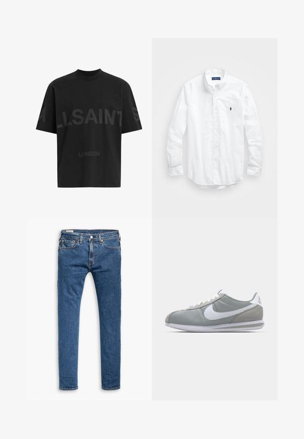 Črna oversize majica s短kimi rokavi z temno sivo napisano besedo "ALLSAINTS" čez prsi in "LONDON" v manjših črkah spodaj.; Bela dolg rokav srajca s gumbi iz bombaža. Ima klasičen ovratnik, gumbnice na zapestjih in majhen temno moder vezen logotip na prsih.; Modre tkanine skinny kavbojke s petimi žepi, sprednjim gumbom in zankami za pas, prikazane na ravni površini na beli podlagi.; Sive tenisice za šport z zgornjim delom iz semiša in tekstila, belim Nike swooshom in belimi vezalkami. Imajo strukturirano gumijasto podplat in oblazinjen ovratnik.