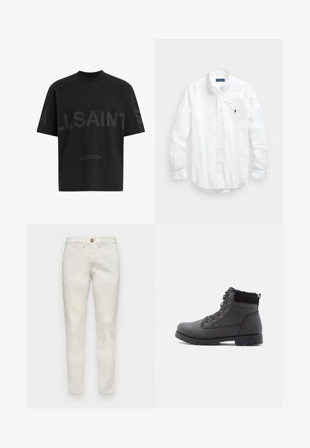 Mustat ylisuuret T-paidat, joissa on tummanharmaa "ALLSAINTS" -teksti rinnassa ja "LONDON" pienemmillä kirjaimilla alapuolella.; Valkoinen pitkähihaisessa napitetussa paidassa, joka on valmistettu puuvillasta. Siinä on klassinen kaulus, napilliset hihansuut ja pieni tummansininen brodeerattu logo rinnassa.; Beige puuvillahousut, joissa on slim fit -leikkaus, nappisuljenta, sivutaskut ja sileä pinta. Normaali pituus, käännetyt lahkeet.; Musta nilkkuri, joka on valmistettu sileästä synteettisestä materiaalista. Kenkässä on tekstuuroitu yläosa, nauhakiinnitys ja kestävä kumipohja.