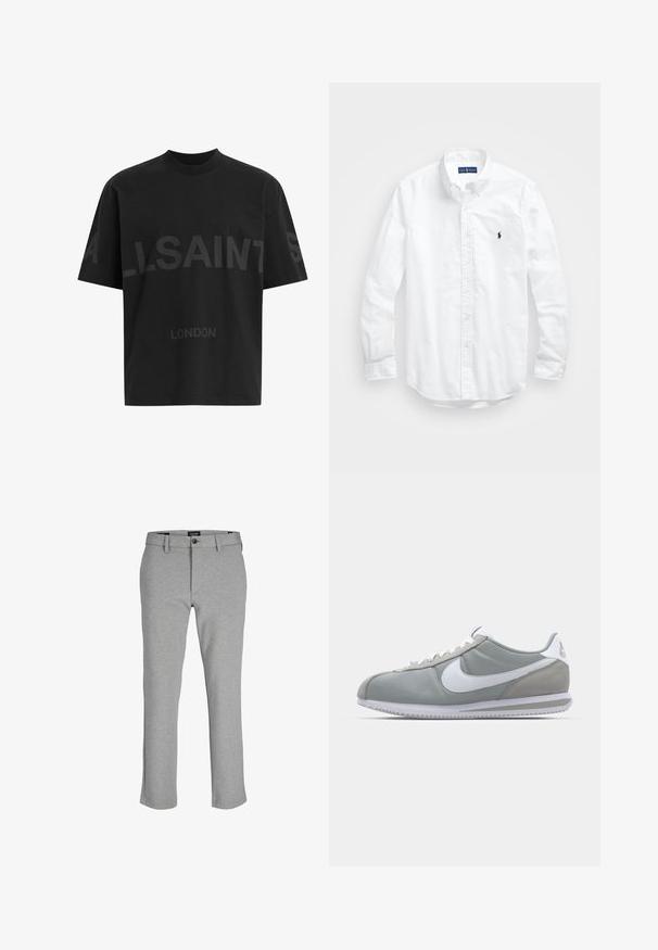 Black oversized T-shirt with dark grey "ALLSAINTS" text across chest and "LONDON" in smaller letters below.; White long-sleeve button-up shirt in cotton. Features a classic collar, button cuffs, and a small navy embroidered logo on the chest.; Gray trousers made from lightweight fabric, featuring a straight-leg cut, zip fly, and a single button closure at the waistband.; Gray athletic shoe with a suede and textile upper, white Nike swoosh, and white laces. Features a textured rubber sole and padded collar.