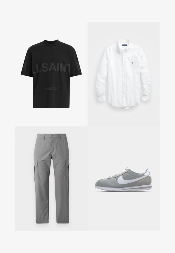 Svart oversized T-shirt med mörkgrå "ALLSAINTS"-text över bröstet och "LONDON" i mindre bokstäver nedanför.; Vit långärmad skjorta i bomull med knappar. Har en klassisk krage, knappmanchetter och en liten broderad logotyp i marinblått på bröstet.; Jack & Jones JPSTKARL KURTIS SNAP TECH - Cargobyxor - castle rock; Grå idrottssko med ovandel i mocka och textil, vit Nike-swoosh och vita snören. Har en texturerad gummisula och vadderad krage.