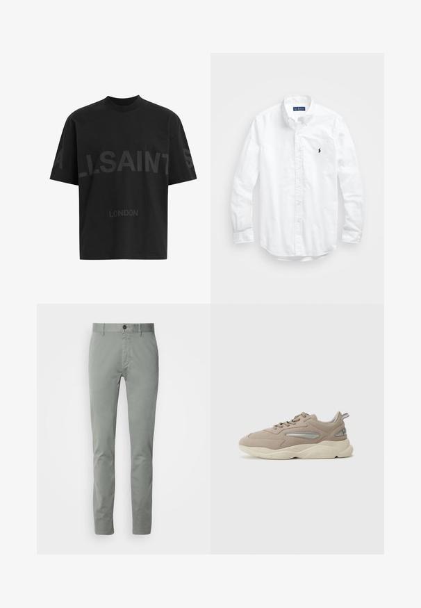 Musthave suuruses must T-särk tumedatest halli "ALLSAINTS" tekstiga rinnal ja väiksemate tähtedega all "LONDON".; Valge pikkade varrukatega kotitõmblusega särk puuvillast. Omab klassikalist kraed, nööpidega mansette ja väikest tumesinist tikandit rinnal.; Heledad hallid puuvillased chinos, sirge sääre lõikega, millel on nupuvajutus ja küljetaskud. Sile tekstuur ja minimaalne disain.; Beige nubukist tennisjalanikesed tekstureeritud viimistlusega, hõbedaste aksessuaaridega, paksu kreemika tallaga ja pehmendatud kraega. Paelad kulgevad ülevalt silmade kaudu.