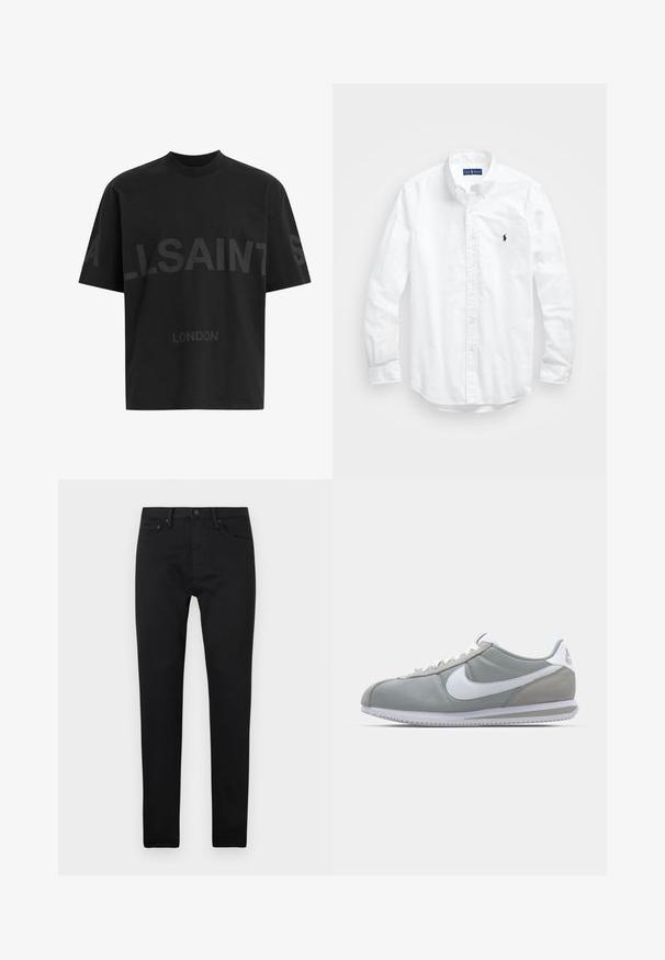 Mustat ylisuuret T-paidat, joissa on tummanharmaa "ALLSAINTS" -teksti rinnassa ja "LONDON" pienemmillä kirjaimilla alapuolella.; Valkoinen pitkähihaisessa napitetussa paidassa, joka on valmistettu puuvillasta. Siinä on klassinen kaulus, napilliset hihansuut ja pieni tummansininen brodeerattu logo rinnassa.; Musta slim-fit farkut viidellä taskulla, napin kiinnitys ja vyölenkit, esiteltynä yksinkertaisella valkoisella taustalla.; Harmaa urheilujalkine, jossa on mokka- ja tekstiilipäällinen, valkoinen Nike-tikkukiinnitys ja valkoiset nauhat. Varusteena on kuvioitu kumipohja ja pehmustettu nilkkaosa.