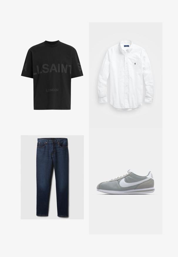 Crna oversize majica s tamnosivim natpisom "ALLSAINTS" preko prsiju i "LONDON" manjim slovima ispod.; Bijela košulja dugih rukava s gumbima izrađena od pamuka. Ima klasični ovratnik, gumbaste manžete i mali brodasti logo u tamnoplavoj boji na prsima.; Tamno plave uske traperice s blagim izblješnjem na prednjoj strani bedara, bakrenim zakovicama i klasičnim pet džepovima, položene ravno na bijeloj podlozi.; Sive sportske tenisice s gornjim dijelom od antilopa i tekstila, bijelim Nike swooshom i bijelim vezicama. Imaju teksturirani gumeni đon i podstavljeni ovratnik.