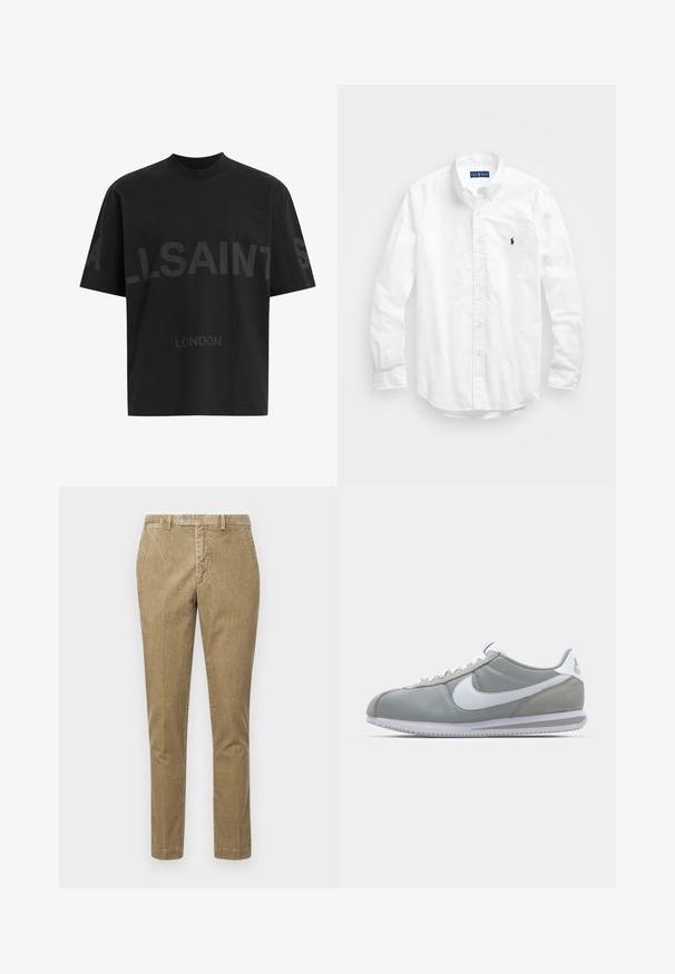 Melna pārstrādāta T-kreklā ar tumši pelēku "ALLSAINTS" tekstu pār krūtīm un "LONDON" mazākā izmērā zem tā.; Balta garām piedurknēm pogājamā krekla izgatavots no kokvilnas. Iezīmē klasisku apkakli, poga aproces un mazu tumši zilu izšūtu logo uz krūšu.; Bēša korduroja bikses ar taisnu griezumu, kuru aizmugurē ir poga un priekšējās kabatas. Gluda tekstūra ar redzamu ribotu rakstu.; Pelēkie sporta apavi ar zamša un tekstila augšu, balto Nike logotipu un baltiem šņorēm. Iezīmējas ar strukturētu gumijas zoli un mīkstu apkaklīti.