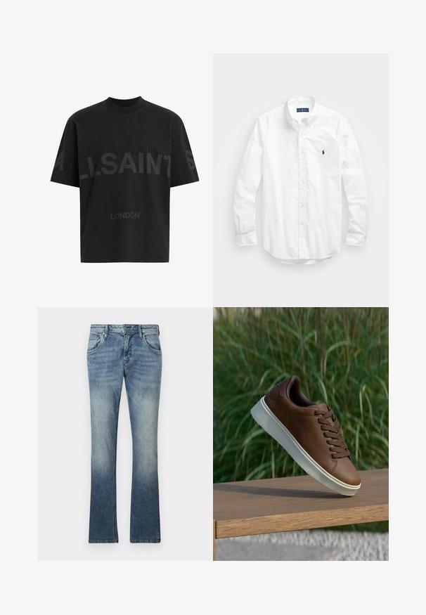 Černé bavlněné tričko s volnějším střihem, zdobené velkým tónovaným nápisem „ALLSAINTS“ a textem „LONDON“ na přední straně. Krátké rukávy, kulatý výstřih.; Bílá košile s dlouhým rukávem a knoflíkovým zapínáním vyrobená z bavlny. Má klasický límec, knoflíkové manžety a malé námořnické vyšívané logo na hrudi.; Světle modré džínové zvonové kalhoty s gradientním ombré, designem se pěti kapsami, kovovým zapínáním na knoflík a viditelným stehem podél švů.; Hnědé kožené tenisky s bílou gumovou podrážkou, kulatou špičkou a hnědými tkaničkami. Imitovaný grip na podrážce a hladký povrch na svršku.