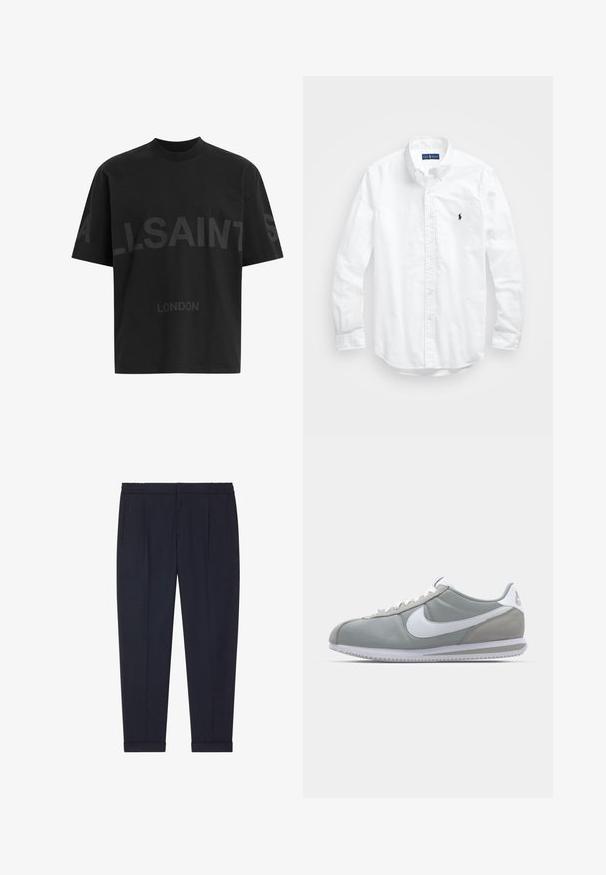 Tricou negru din bumbac, cu croială lejeră, având un design tonal mare cu textul „ALLSAINTS” și inscripția „LONDON” pe față. Mâneci scurte, gât rotund.; Cămașă albă cu mânecă lungă și nasturi din bumbac. Are un guler clasic, manșete cu nasturi și un mic logo brodat în navy pe piept.; Pantaloni navy dintr-un material neted, cu o croială ajustată, având două buzunare frontale și mansete la glezne.; Pantofii sport gri au un superior din suede și textil, cu simbolul Nike alb și șireturi albe. Dispun de o talpă din cauciuc texturat și un guler căptușit.