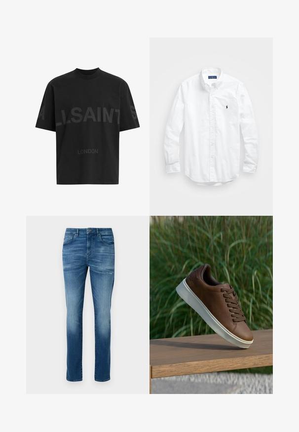 Crna oversize majica s tamnosivim natpisom "ALLSAINTS" preko prsiju i "LONDON" manjim slovima ispod.; Bijela košulja dugih rukava s gumbima izrađena od pamuka. Ima klasični ovratnik, gumbaste manžete i mali brodasti logo u tamnoplavoj boji na prsima.; Plave izblijeđene skinny traperice s kopčanjem na gumbe i patentni zatvarač, prednjim i stražnjim džepovima, te laganim oštećenjem na desnom bedrima.; Smeđe kožne tenisice s bijelim gumiranim potplatom, zaobljenim nosom i smešnim vezicama. Teksturirana površina na potplatu i glatka završna obrada na gornjem dijelu.