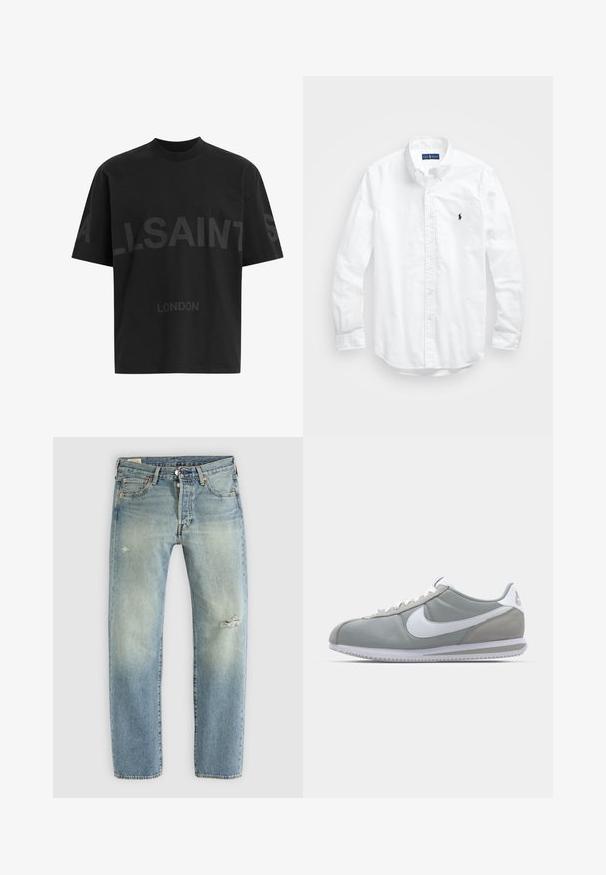 Camiseta negra de gran tamaño con el texto en gris oscuro "ALLSAINTS" en el pecho y "LONDON" en letras más pequeñas debajo.; Camisa blanca de manga larga de algodón con botones. Presenta un cuello clásico, puños con botones y un pequeño logo bordado en azul marino en el pecho.; Jeans de mezclilla azul claro con pierna recta, cinco bolsillos, cierre de botón y pequeños desgarros en el muslo izquierdo y la rodilla derecha.; Zapatilla deportiva gris con parte superior de ante y textil, swoosh blanco de Nike y cordones blancos. Presenta una suela de goma texturizada y un collar acolchado.