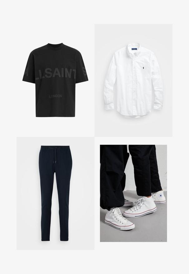 Black oversized T-shirt with dark grey "ALLSAINTS" text across chest and "LONDON" in smaller letters below.; White long-sleeve button-up shirt in cotton. Features a classic collar, button cuffs, and a small navy embroidered logo on the chest.; Navy blue jogger pants made of soft fabric with an elastic waistband, adjustable drawstring, and tapered leg design.; White canvas high-top sneakers with a rubber sole, featuring silver eyelets and red and navy stripes along the sole.