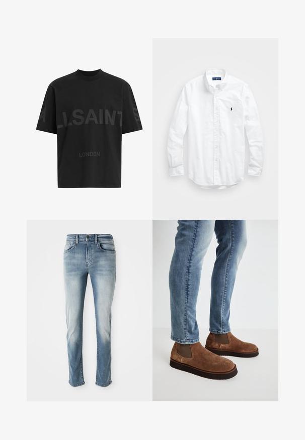 Fekete, túlméretes póló sötétszürke "ALLSAINTS" felirattal a mellkason, alatta kisebb betűkkel "LONDON" felirattal.; Fehér, hosszú ujjú, gombos férfiing pamutból. Klasszikus gallérral, gombos mandzsettával és egy kis sötétkék hímzett logóval a mellrészen.; Világoskék farmernadrág klasszikus öt zsebes dizájnnal, enyhe kopással és egyenes szárú szabással. Gombos záródással és övhurkokkal rendelkezik.; Barna velúr bokacsizmák, elasztikus oldalrésszel, vastag fekete gumitalppal, világoskék slim-fit farmernadrággal párosítva.