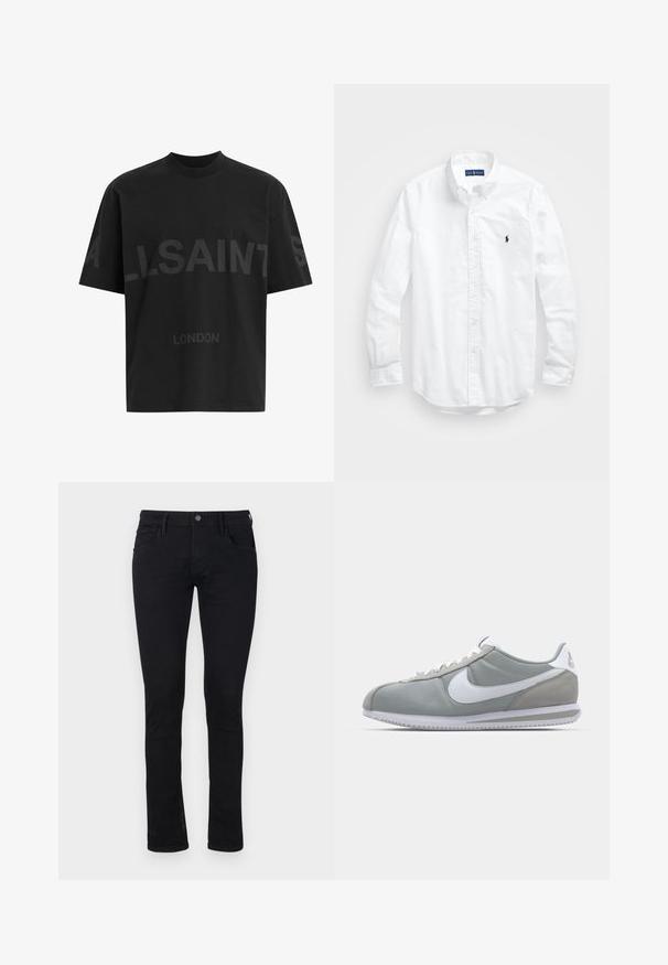 Musthave suuruses must T-särk tumedatest halli "ALLSAINTS" tekstiga rinnal ja väiksemate tähtedega all "LONDON".; Valge pikkade varrukatega kotitõmblusega särk puuvillast. Omab klassikalist kraed, nööpidega mansette ja väikest tumesinist tikandit rinnal.; Mustad must mahtunud teksased, millel on sile tekstuur. Omab viit taskut ja lukuga nööbiga sulgemist vööl.; Hallitus hallikets pro piletse ja teki, valge Nike swoosh ja valged paelad. Omab tekstuuriga kummitalda ja polsterdatud krae.