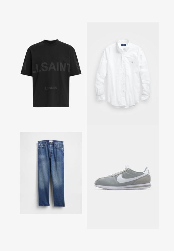 Crna oversize majica s tamnosivim natpisom "ALLSAINTS" preko prsiju i "LONDON" manjim slovima ispod.; Bijela košulja dugih rukava s gumbima izrađena od pamuka. Ima klasični ovratnik, gumbaste manžete i mali brodasti logo u tamnoplavoj boji na prsima.; Plave ravne traperice s prednjim džepovima, zatvaranjem na dugme i suptilnim izbljeđenjima na bedrima i koljenima.; Sive sportske tenisice s gornjim dijelom od antilopa i tekstila, bijelim Nike swooshom i bijelim vezicama. Imaju teksturirani gumeni đon i podstavljeni ovratnik.