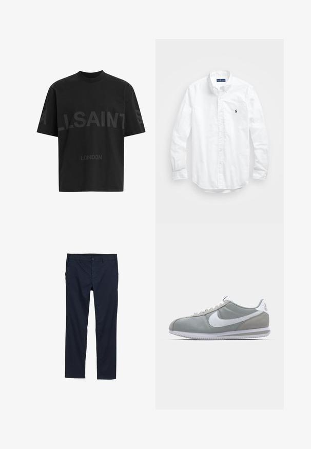 Czarna, oversize koszulka z ciemnoszarym napisem "ALLSAINTS" na piersi oraz słowem "LONDON" mniejszymi literami poniżej.; Biała, bawełniana koszula z długim rękawem zapinana na guziki. Posiada klasyczny kołnierzyk, mankiety zapinane na guziki oraz małe, granatowe, haftowane logo na klatce piersiowej.; Jasnoniebieskie, lekkie spodnie z gładką fakturą, prostym krojem nogawek, zapięciem na guziki i bocznymi kieszeniami.; Szare buty sportowe z cholewką z zamszu i tekstyliów, białym logo Nike i białymi sznurówkami. Posiadają teksturowaną gumową podeszwę i wyściełany kołnierz.