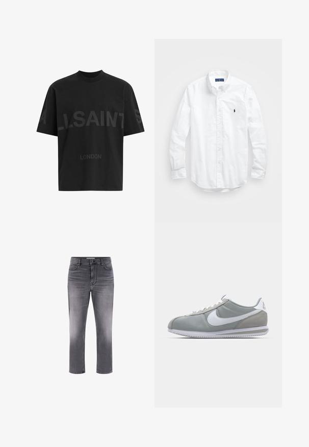 Melna kokvilnas T-krekls ar brīvu piegriezumu, uz priekšu redzams liels toņa toni "ALLSAINTS" dizains un teksts "LONDON". Īsas piedurknes, apaļa kakla izgriezums.; Balta garām piedurknēm pogājamā krekla izgatavots no kokvilnas. Iezīmē klasisku apkakli, poga aproces un mazu tumši zilu izšūtu logo uz krūšu.; Pelēki džinsi no denima ar piecu kabatu dizainu, taisnu piegriezumu un izbalējušu apdari. Iezīmējas ar pogu aizdari un kontrastējošiem šuvju elementiem.; Pelēkie sporta apavi ar zamša un tekstila augšu, balto Nike logotipu un baltiem šņorēm. Iezīmējas ar strukturētu gumijas zoli un mīkstu apkaklīti.