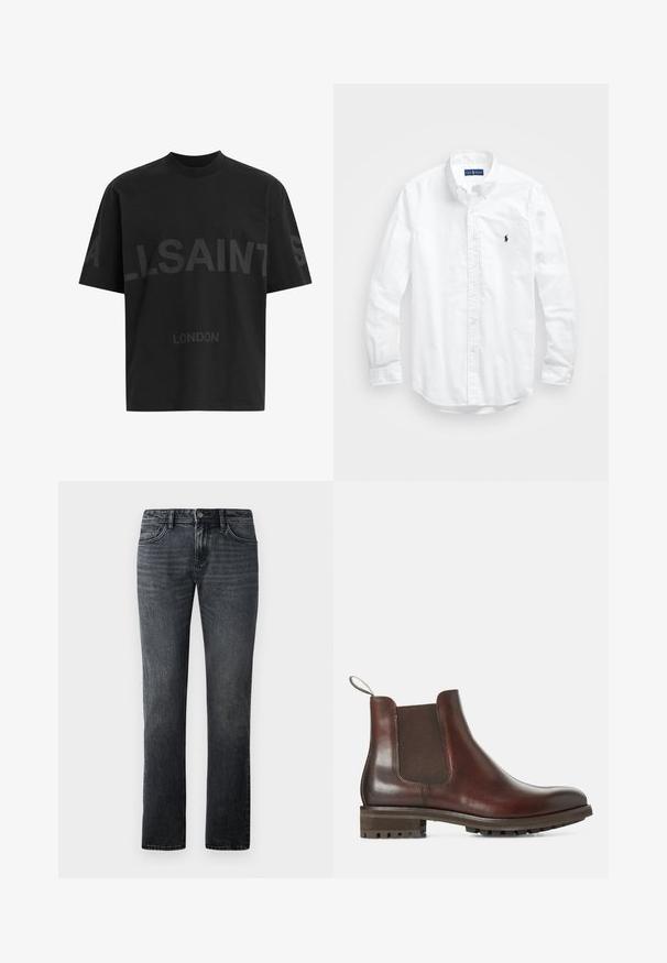 Černé oversized tričko s tmavě šedým nápisem "ALLSAINTS" na hrudi a menším textem "LONDON" pod ním.; Bílá košile s dlouhým rukávem a knoflíkovým zapínáním vyrobená z bavlny. Má klasický límec, knoflíkové manžety a malé námořnické vyšívané logo na hrudi.; Tmavě šedé džíny rovného střihu vyrobené z denimu, s klasickým designem pěti kapes a zapínáním na knoflík v pase.; Hnědé kožené Chelsea boty s elastickými bočními panely, poutkem a texturovanou gumovou podešví. Hladký povrch se stabilním nízkým podpatkem.