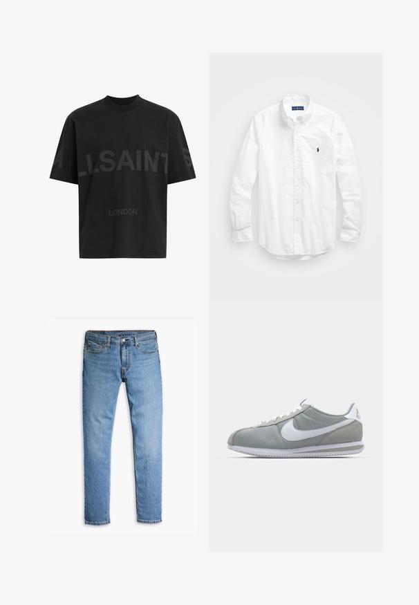 Camiseta negra de gran tamaño con el texto en gris oscuro "ALLSAINTS" en el pecho y "LONDON" en letras más pequeñas debajo.; Camisa blanca de manga larga de algodón con botones. Presenta un cuello clásico, puños con botones y un pequeño logo bordado en azul marino en el pecho.; Jeans de mezclilla azul claro con un diseño de pierna recta, cinco bolsillos, costuras visibles y un cierre de botón en la cintura.; Zapatilla deportiva gris con parte superior de ante y textil, swoosh blanco de Nike y cordones blancos. Presenta una suela de goma texturizada y un collar acolchado.
