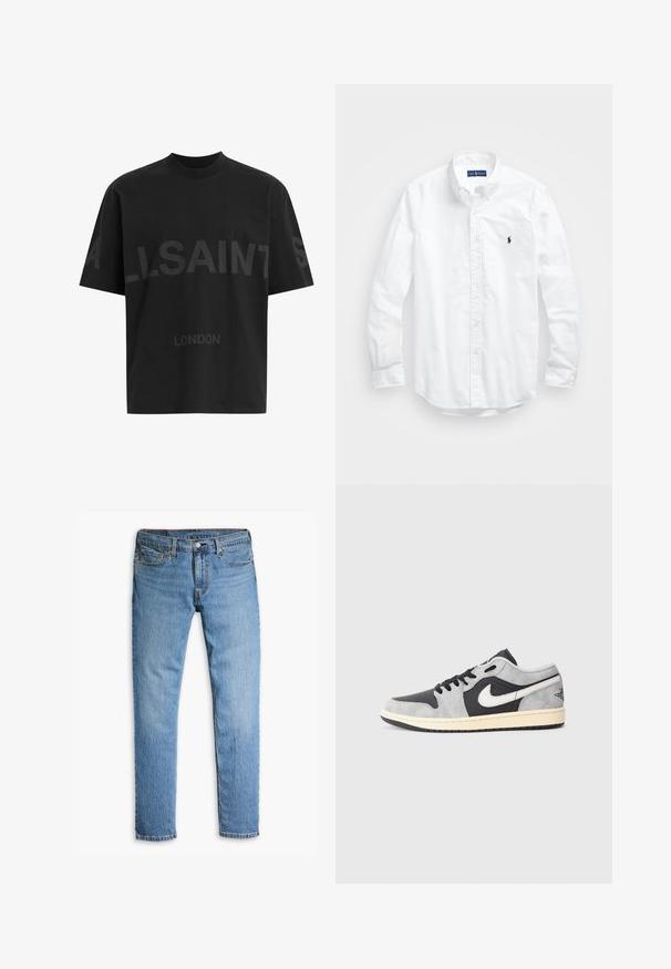 Camiseta negra de gran tamaño con el texto en gris oscuro "ALLSAINTS" en el pecho y "LONDON" en letras más pequeñas debajo.; Camisa blanca de manga larga de algodón con botones. Presenta un cuello clásico, puños con botones y un pequeño logo bordado en azul marino en el pecho.; Jeans de mezclilla azul claro con un diseño de pierna recta, cinco bolsillos, costuras visibles y un cierre de botón en la cintura.; Nike Air Jordan 1 Low en ante gris y negro con acentos blancos. Cuenta con una suela acolchada y el clásico logo de swoosh de Nike.