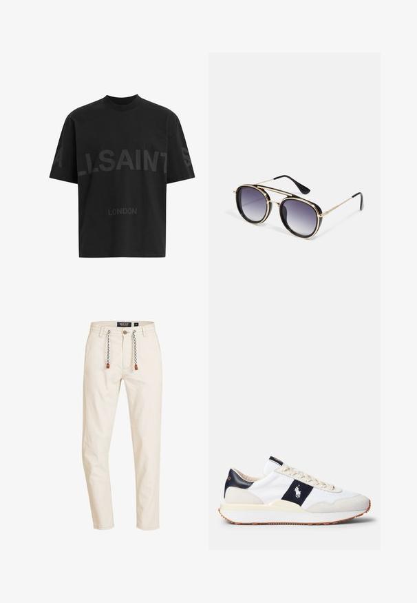 Czarna, oversize koszulka z ciemnoszarym napisem "ALLSAINTS" na piersi oraz słowem "LONDON" mniejszymi literami poniżej.; Beżowe bawełniane spodnie o prostym kroju, z regulowanym pasem w sznurek z czarno-białymi akcentami oraz przednimi i tylnymi kieszeniami.; Białe trampki z granatowym akcentem w pasku oraz logo, z tekstylną cholewką, zamszowymi detalami, kremową podeszwą i teksturowaną gumową podeszwą zewnętrzną.; Okulary przeciwsłoneczne z okrągłymi soczewkami z gradientem od ciemnoszarego do przezroczystego. Złota metalowa oprawka z czarnymi akcentami na górnej krawędzi.