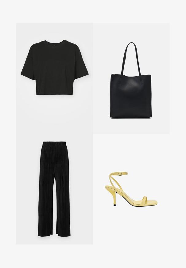 Črna skrajšana majica s kratkimi rokavi, izdelana iz mehke bombažne tkanine. Ima okroglo izreza, kratke rokave in sproščen kroj brez vzorcev ali okraskov.; Črne plisirane hlače z elastičnim pasom. Imajo široke noge in gladko, teksturirano tkanino z navpičnimi črtami.; Rumene usnjene sandale na peto s kvadratnim prstom, tankim zapestnim trakom in svetlečo površino, ki vključujejo črn dodatek na peti.; Črna usnjena torba s svilnato teksturo, pravokotne oblike in dvema dolgima ročajema. Brez vidnih metalnih delov ali okrasnih elementov.