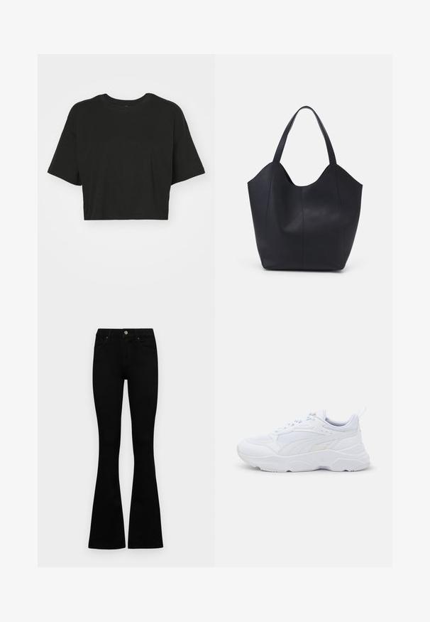 Schwarzes, kurzes T-Shirt aus weicher Baumwolle. Mit Rundhalsausschnitt, kurzen Ärmeln und einer lockeren Passform, ohne Muster oder Akzente.; Schwarze hochtaillierte Jeans mit einem Knopf- und Reißverschluss, Fronttaschen und ausgestellten Beinen, flach auf einem weißen Hintergrund ausgelegt.; Weißer Sport sneaker mit einem Obermaterial aus Mesh, strukturierten Überzügen, gepolstertem Kragen, dicker Gummisohle und einer Zuglasche an der Ferse für einfaches An- und Ausziehen.; Schwarze Tote-Bag aus glattem Leder, mit einem abgerundeten, offenen Oberteil, zwei Schulterträgern und einem minimalistischen Design.