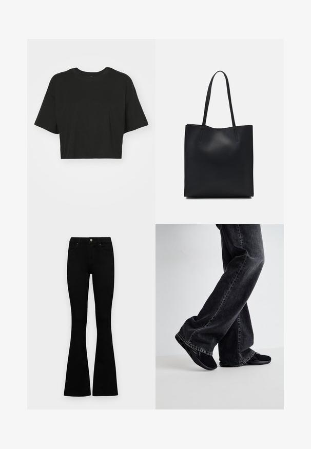 Czarna krótka koszulka z miękkiej bawełny. Posiada okrągły dekolt, krótkie rękawy oraz luźny krój, bez wzorów i akcentów.; Czarne, wysokie dżinsy z guzikem i zamkiem błyskawicznym, z przednimi kieszeniami i rozszerzanymi nogawkami, leżące płasko na białym tle.; Czarne dżinsy w luźnym kroju z postrzępionym dołem, połączone z gładkimi czarnymi butami wsuwanymi z teksturowaną powierzchnią i wycięciami.; Czarna skórzana torba tote o gładkiej fakturze, prostokątnym kształcie i dwóch długich uchwytach. Brak widocznych elementów metalowych i ozdób.