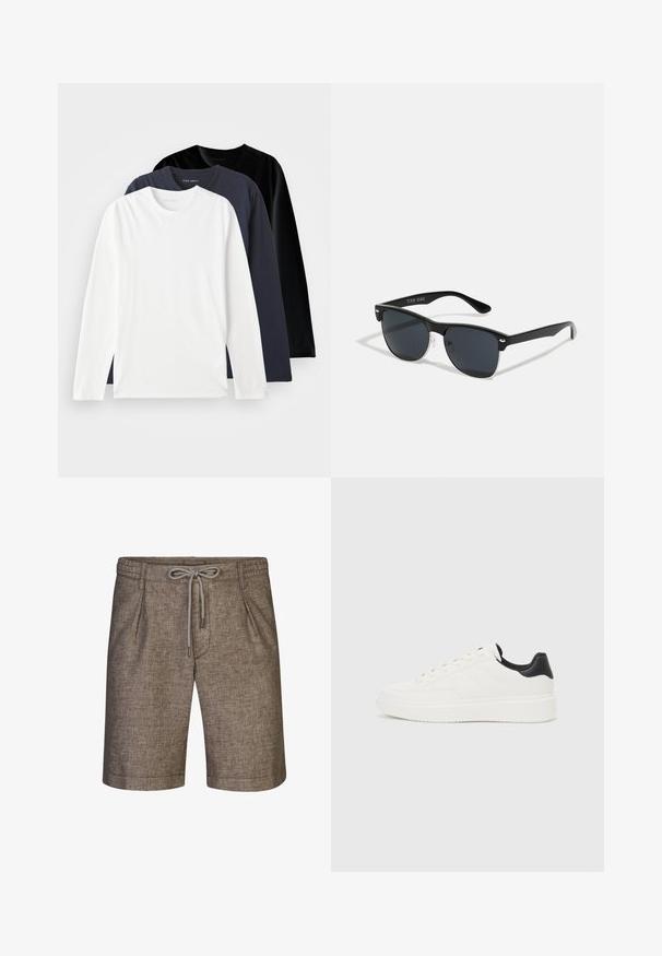 Tre långärmade T-shirts staplade: en vit, en mörknavy och en svart. Tillverkade av mjuk bomull, med rund halsringning och sidofickor.; Bruna vävda shorts med elastiskt midjeband, justerbar dragsko och sidfickor. Har en strukturerad, något melerad tyg.; Vit lädersneaker med präglat mönster, texturerad vit mellansula och svart hälaccent. Har rundad tå och platta snören.; Svarta solglasögon med rektangulär form, mörka linser, silverdetaljer vid skalmarna och en matt yta på ramen.