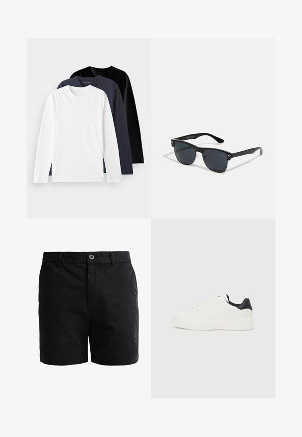 Tre langermede T-skjorter stablet: én hvit, én mørk marineblå og én svart. Laget av glatt bomull, med runde nakkekanter og sidespalter.; Sorte bomullsshorts med en jevn tekstur, knappelukking og rullede oppklipp. Har beltehemper og frontlommer for praktisk bruk.; Hvit lær sneaker med preget mønster, teksturert hvit mellomsole og svart hælakkent. Har rund tå og flate lisser.; Sorte solbriller med rektangulær form, mørke linser, sølvfargede detaljer ved templene, og en matt finish på rammen.